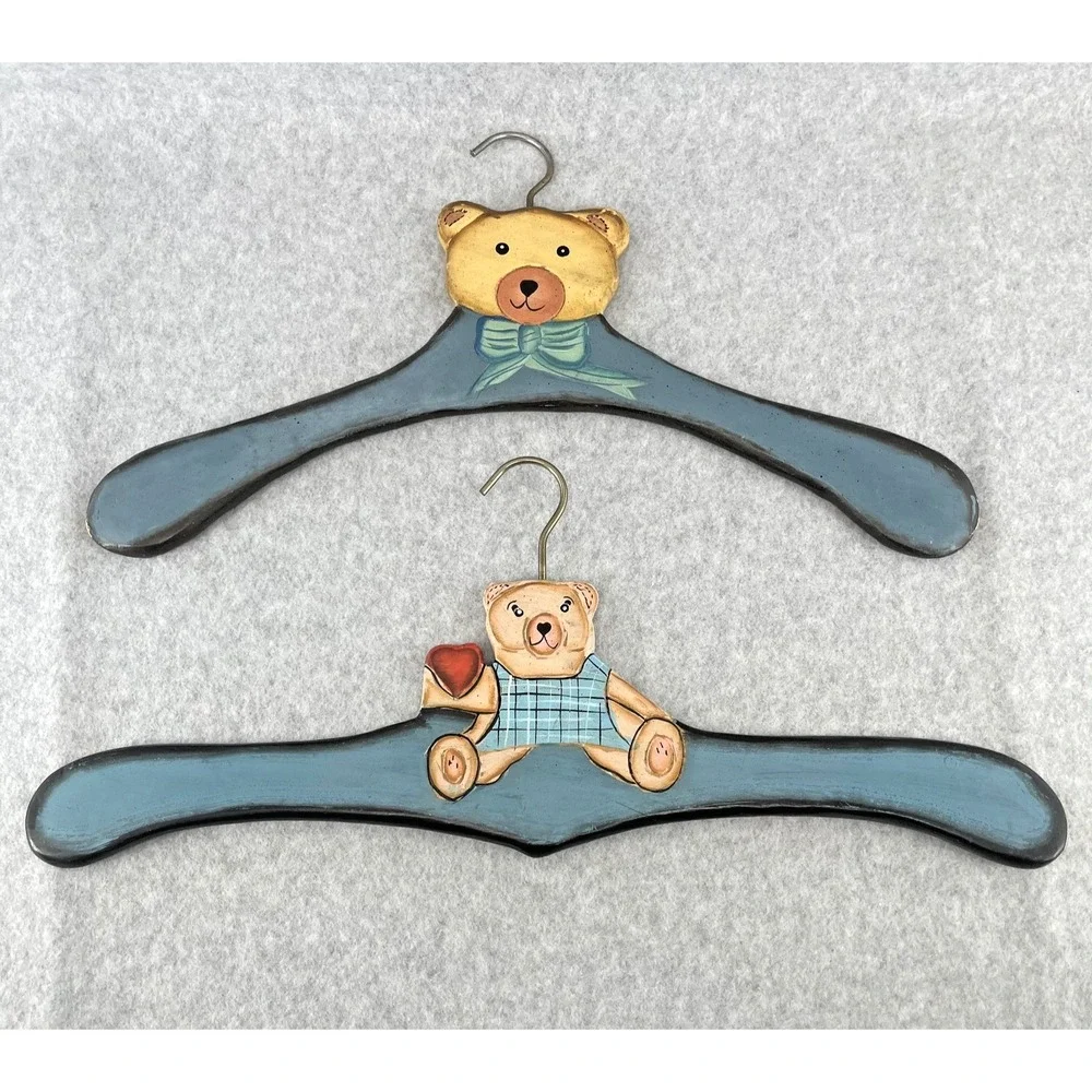 Teddy Bear Closet Hangers Wooden Hand Painted 90s Blue Set Of 2 Nursery Decor‎